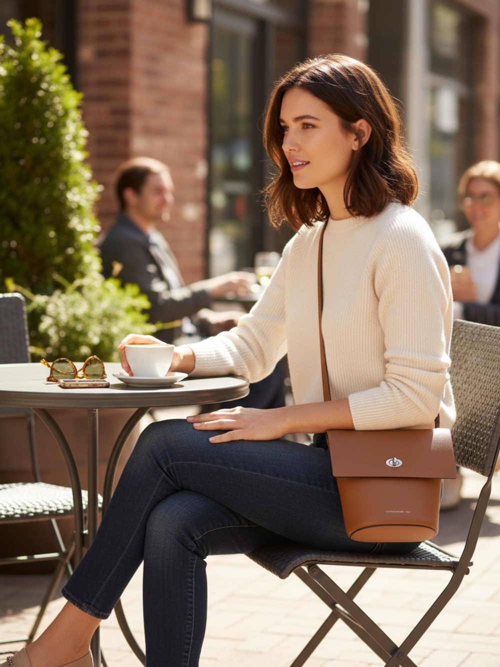 Expressions NYC pleather vegan tan camel neutral crossbody purse bag minimalist